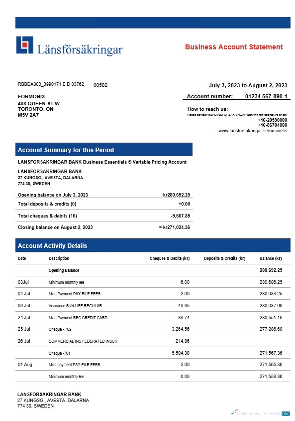 Download Lansforsakrigar Bank company checking account statement Word and PDF template Photoshop template